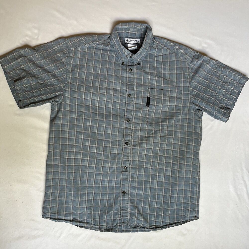 Columbia Mens L Short Sleeve Button Shirt Brentyn Trail II Blue Gingham Plaid